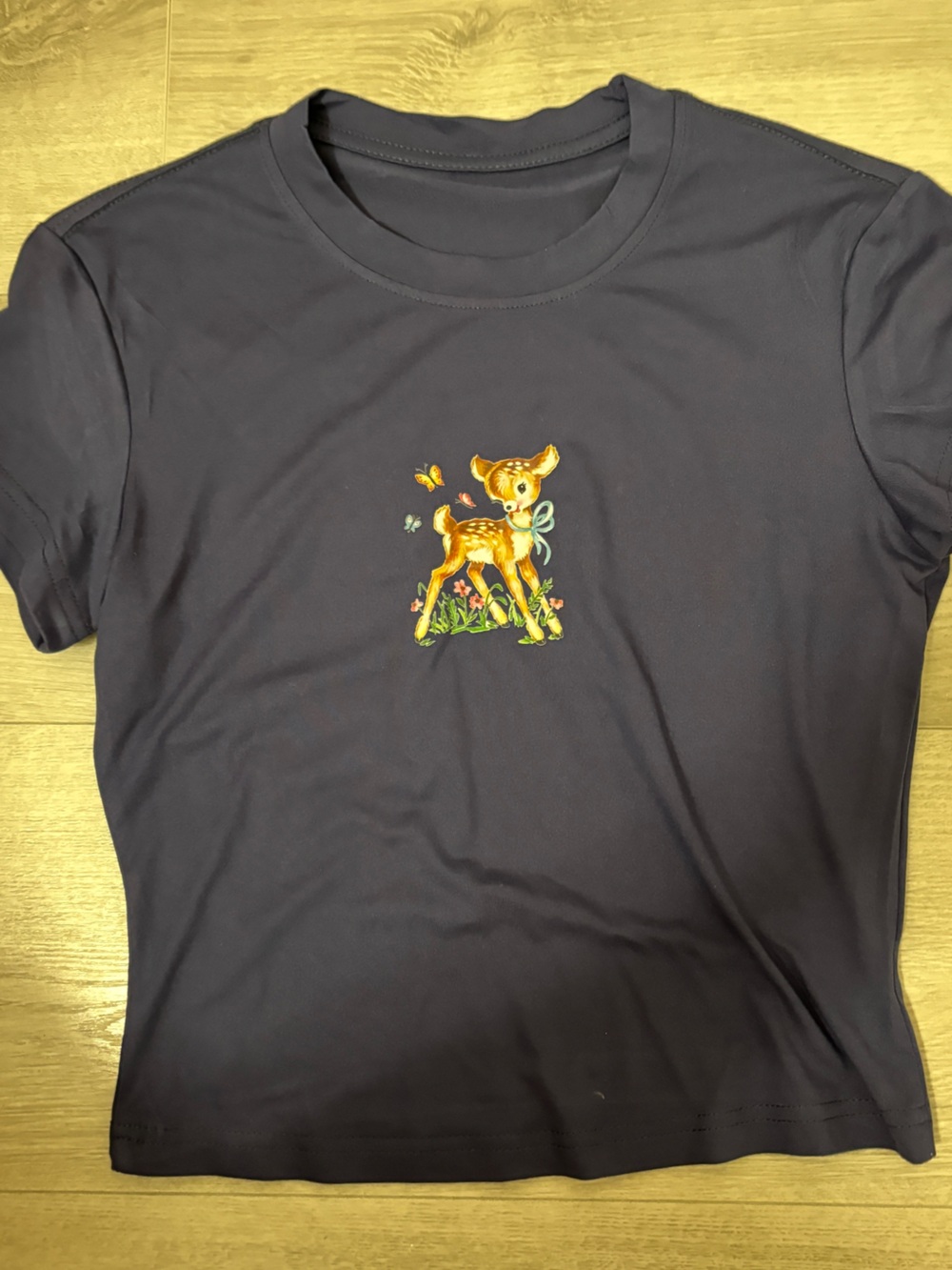 SHEIN Dark Blue Short Sleeve Tee with Deer Embroidery